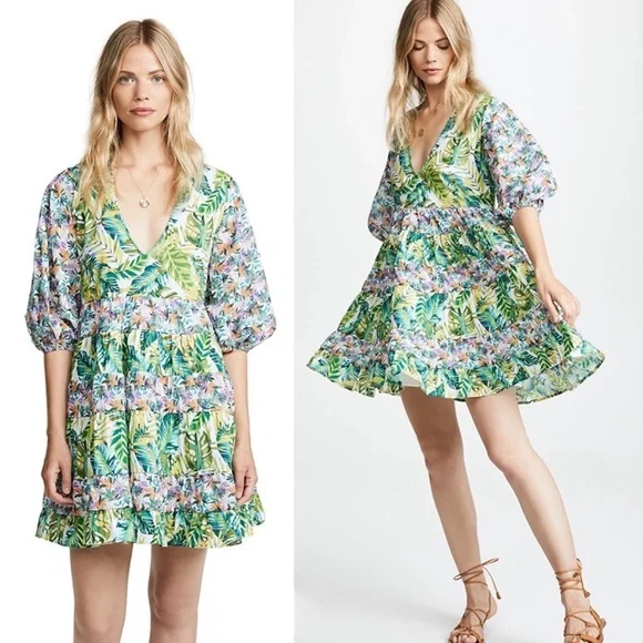 All Things Mochi Liona Mini Dress Tropical Floral Fit Flare Green Sz S NWT! - Picture 1 of 7